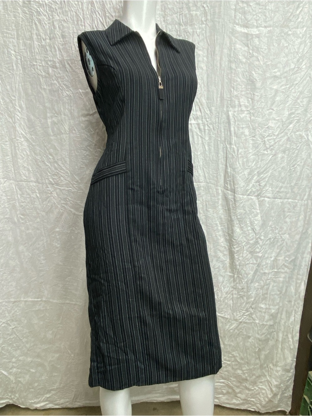 Vintage 90s Worthington Sleeveless Black Pinstripe Zip-Front Dress